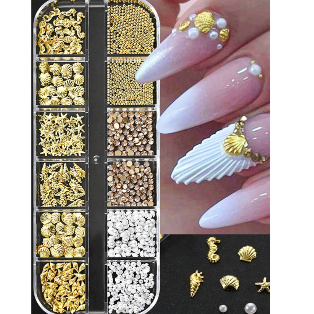 סט קישוטי ציפורניים תלת־ממדיים בצבע זהב | 12 תאים