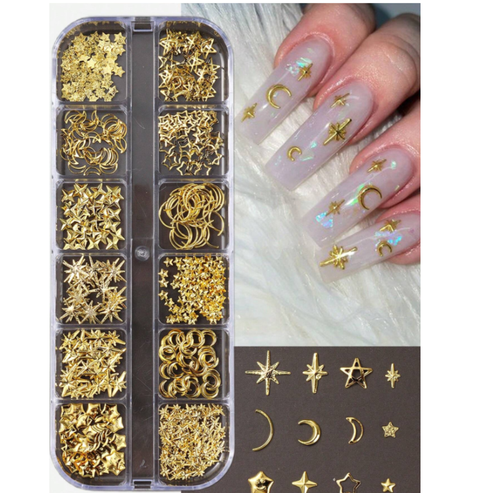 סט קישוטי ציפורניים מטאליים בצורת כוכבים וירחים | 12 תאים | זהב