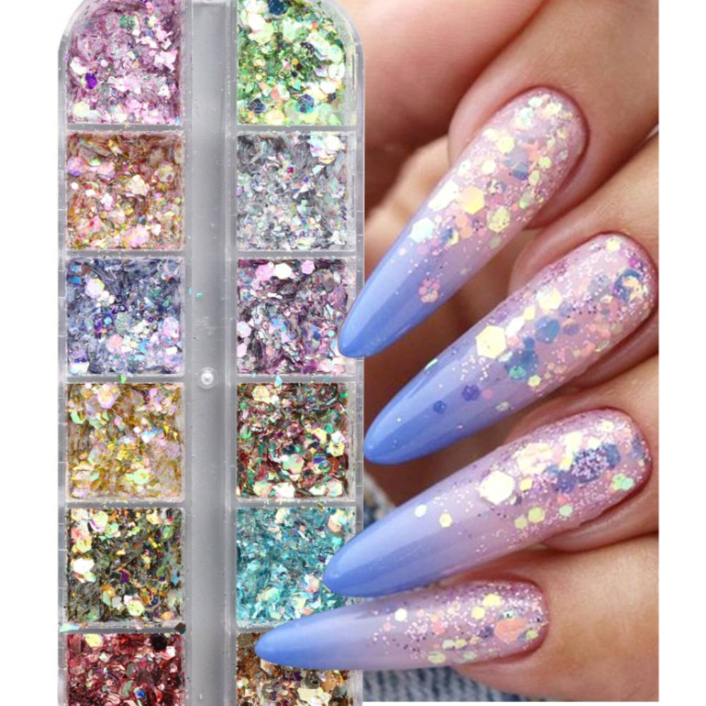 קופסת נצנצים הולוגרפיים לציפורניים | 12 תאים